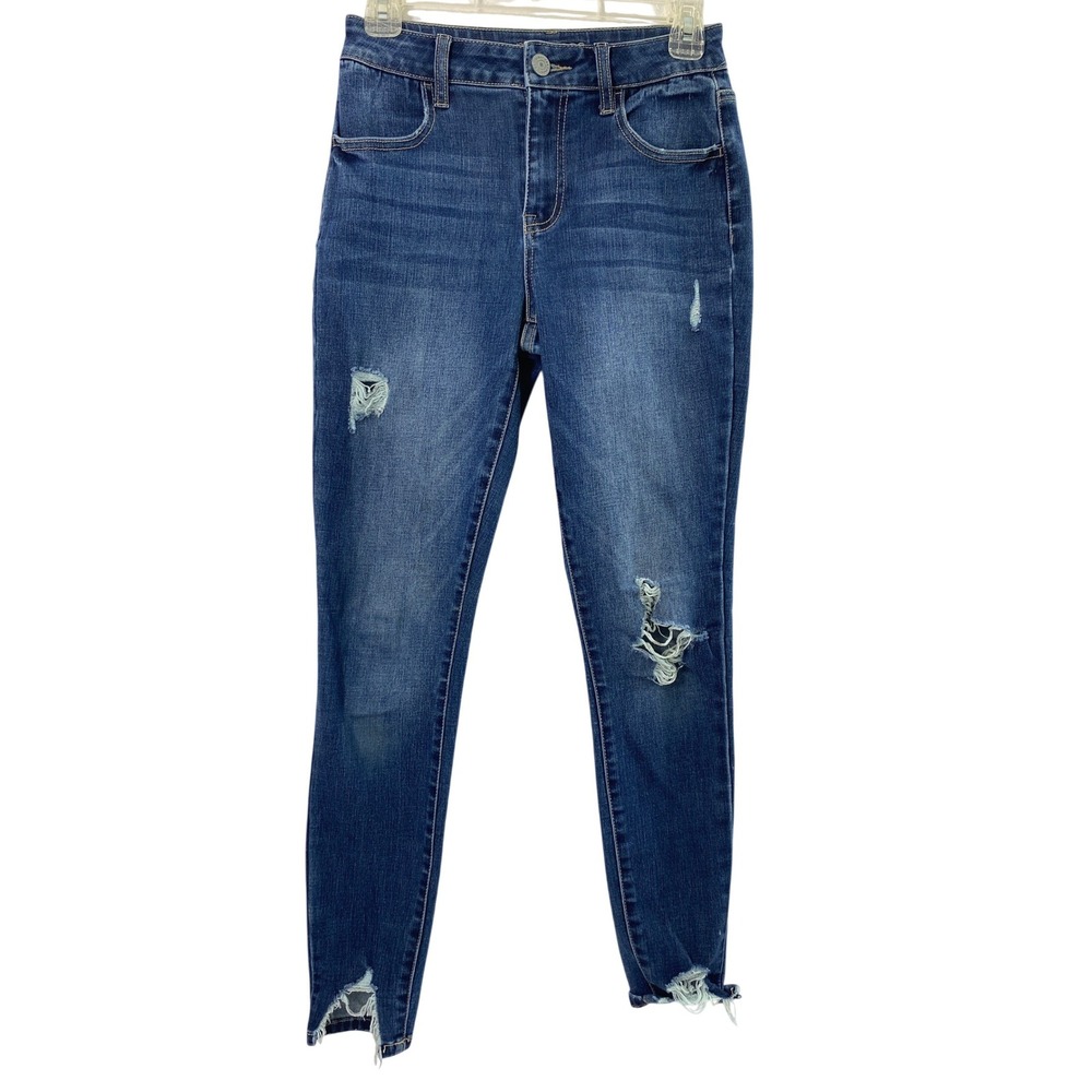 Maurices Skinny Jeans Women XS 25" W High Rise Distressed Frayed Hem Medium Wash